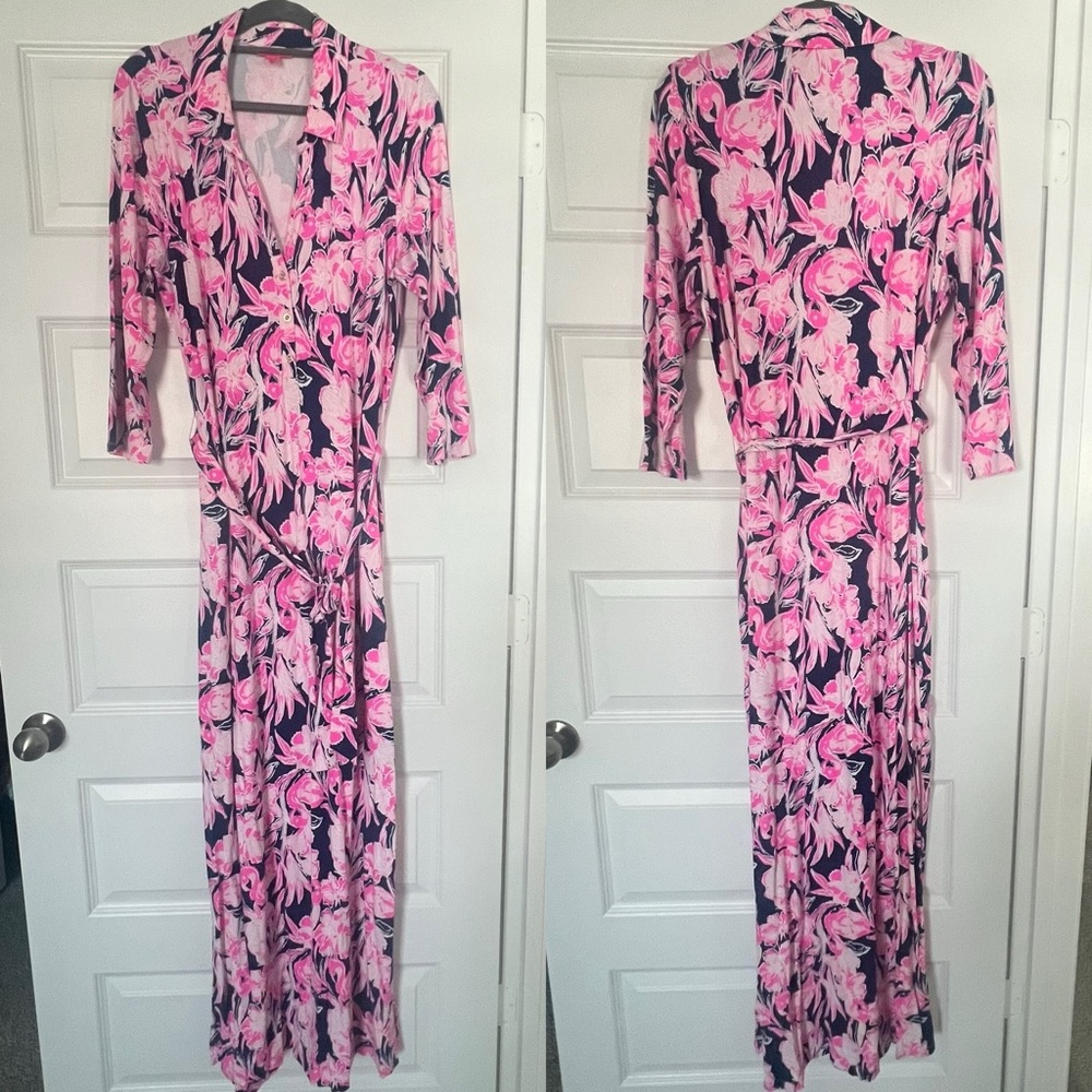 Lilly Pulitzer Holloway Maxi Dress Inky Navy Flamingle Pink
